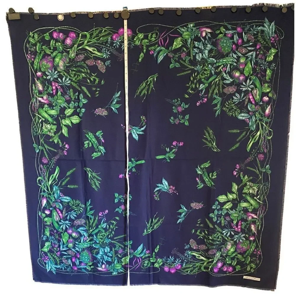 Marco Corsari Dark blue scarf with green and purple vegetables and herbs plants
